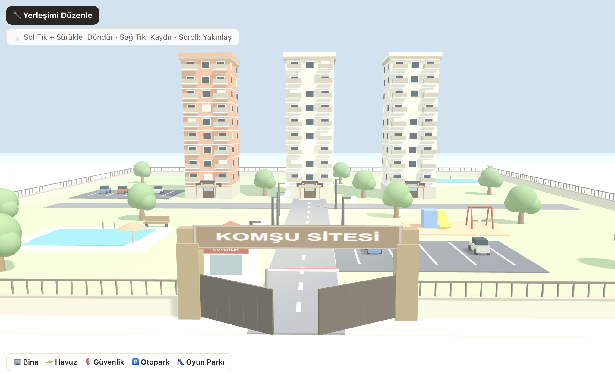 Komşu 3D site maketi — binalar, otopark, havuz ve oyun parkı